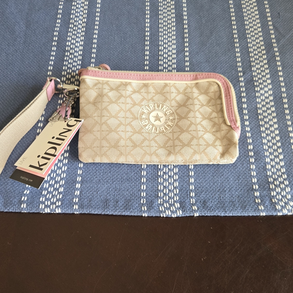 Kipling Beige and Pink Nimita Wristlet